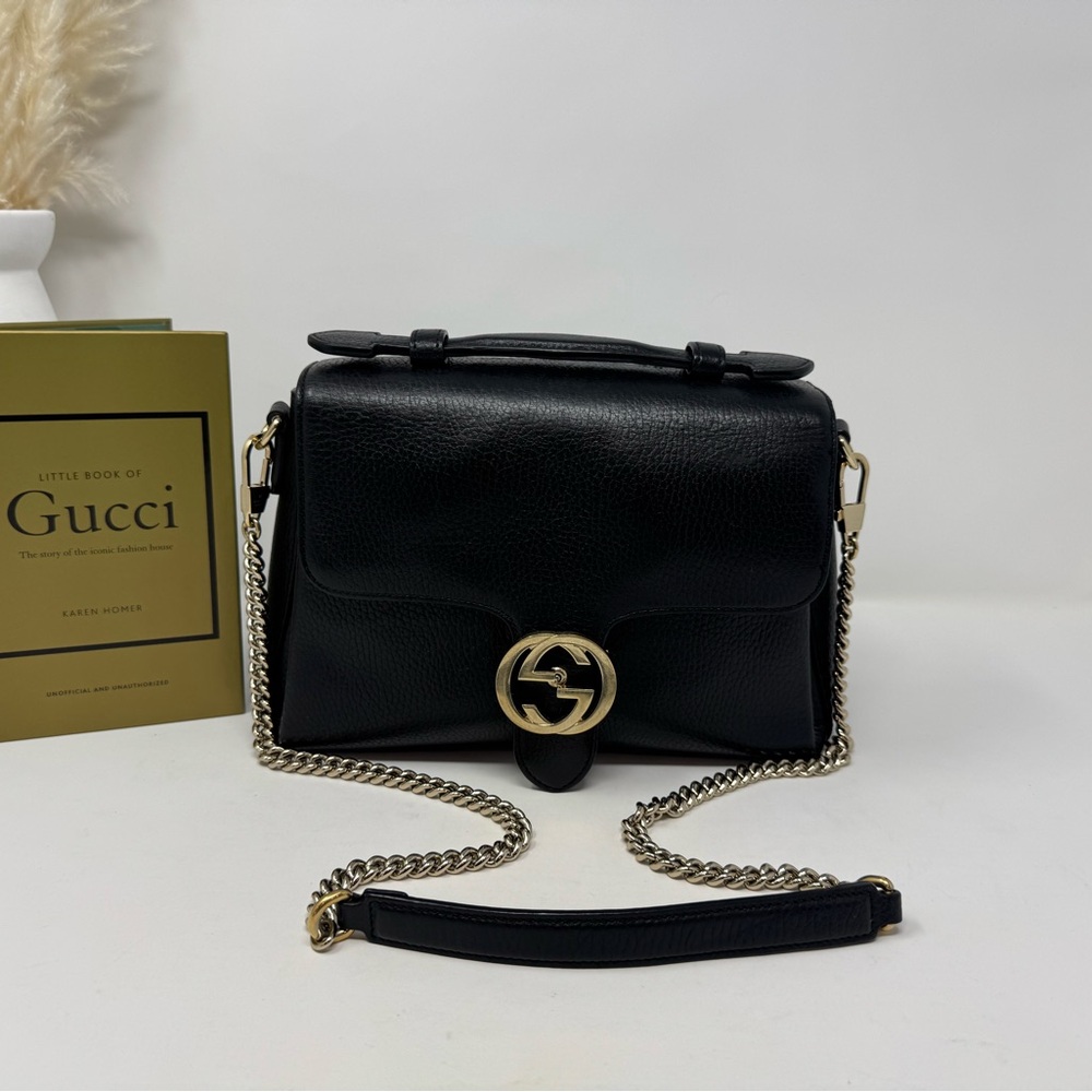 💯Authentic GUCCI Black leather Dollar Interlocking G Top Handle Bag
